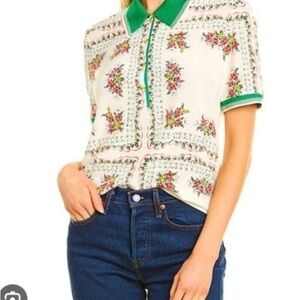 Tory Burch Cream and Green Floral Button Down Shirt